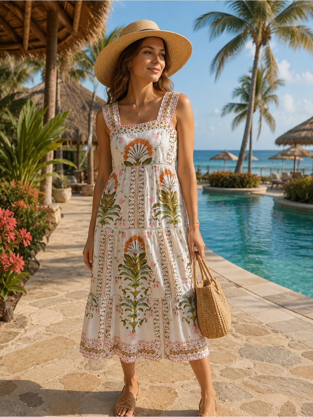 🌸CeCe Pink, Olive & White Floral Shirred Sundress🌸